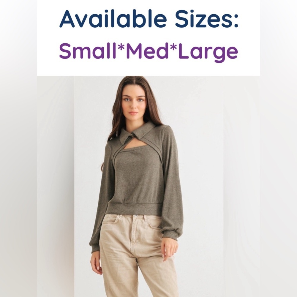 NWT-Olive Ribbed Cut-Out Front Collared Neck Long Sleeve Top
